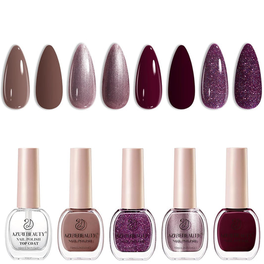 AZUREBEAUTY Nail Polish Set, 4 Colors Brown Purple Glitter Quick Dry Natural Nail Lacquer Strengthening Treatment Kit with Top Coat DIY Salon at Home-BrightBean Baby