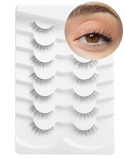 Onlyall Natural Lashes Wispy Lashes Natural Look False Eyelashes Natural Flared Eyelashes False Eye Lashes Soft Fluffy Lashes 7 Pairs DK32, Black-BrightBean Baby