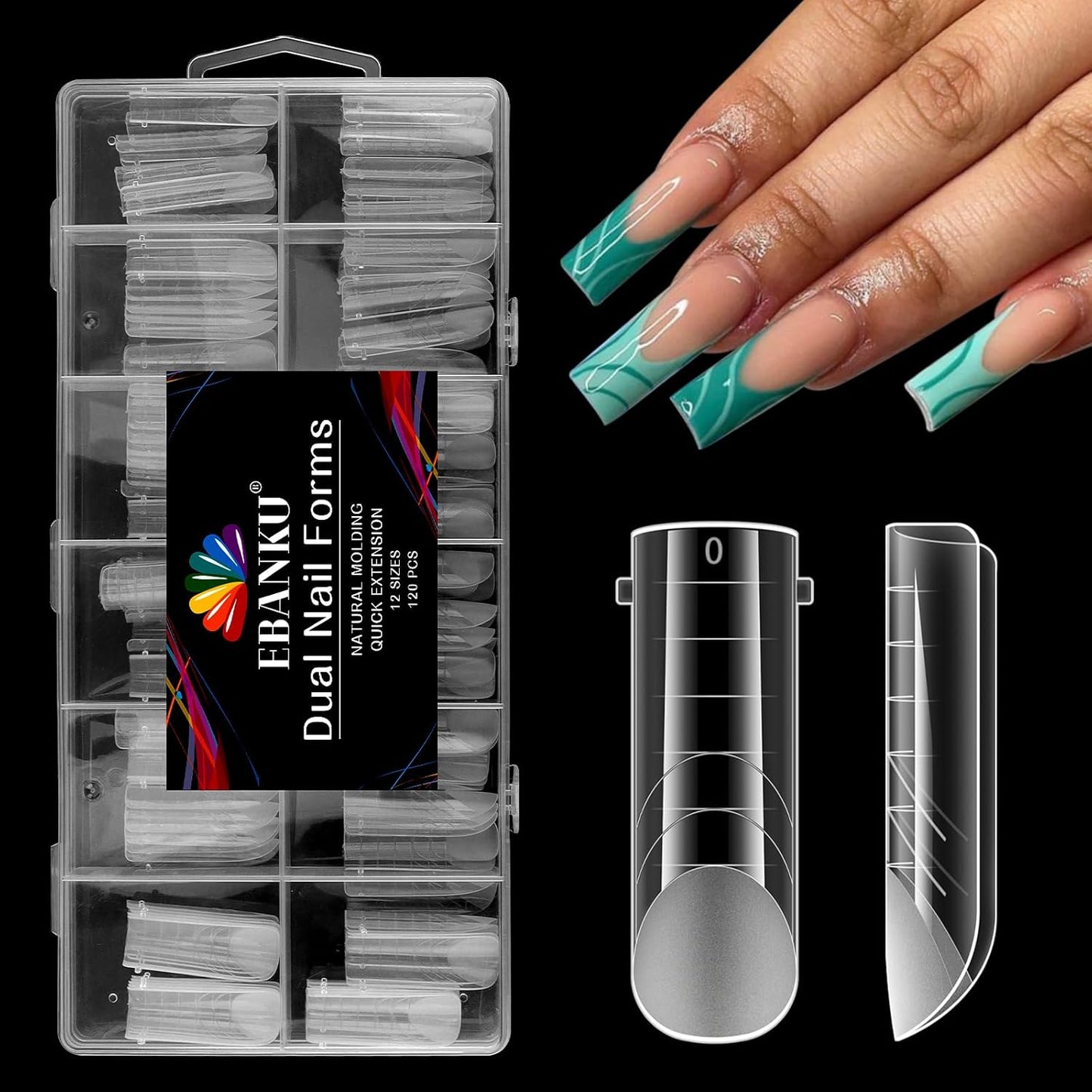 EBANKU 120Pcs Matte Dual Nail Forms, Poly Gel Nail Molds Square Clear Full Cover Coffin Nail Tips Extension Forms 12 Sizes for Gel Manicure Nail Art Design Salon&DIY-BrightBean Baby
