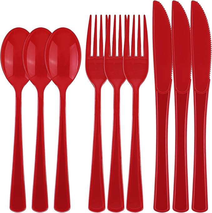 300 Pieces Christmas Red Plastic Silverware Heavy Duty Plastic Cutlery Set Heavyweight Disposable Flatware Includes Spoons Forks Knifes for Party Prom Night Wedding Dinner