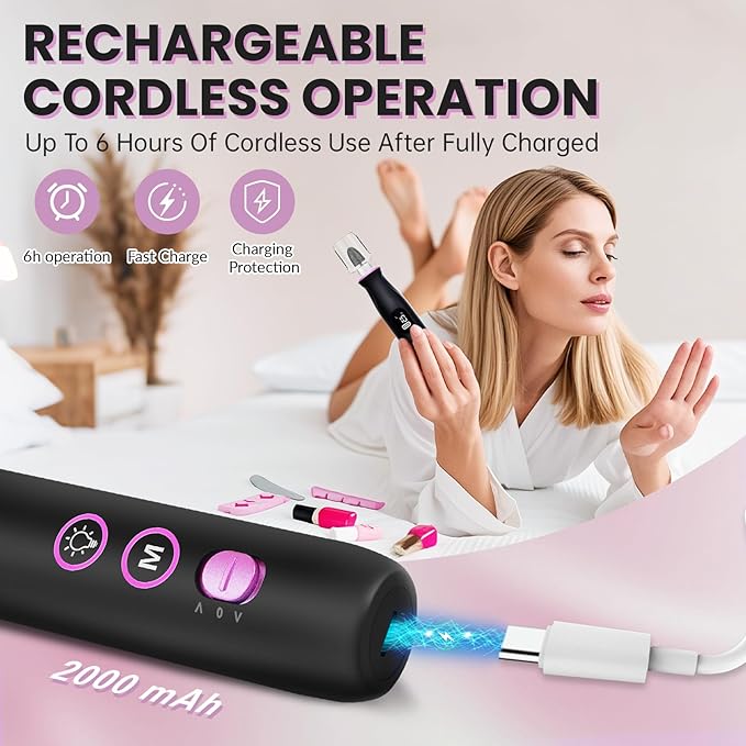 Electric Nail Drill, Cordless 2000 mAh Rechargeable Portable Nail File 12 in 1 Kit for Thick Toenails, 10 Speeds Nail Dril Machine Professional Manicure Pedicure for Hand Natural Nails Care (Black)-BrightBean Baby
