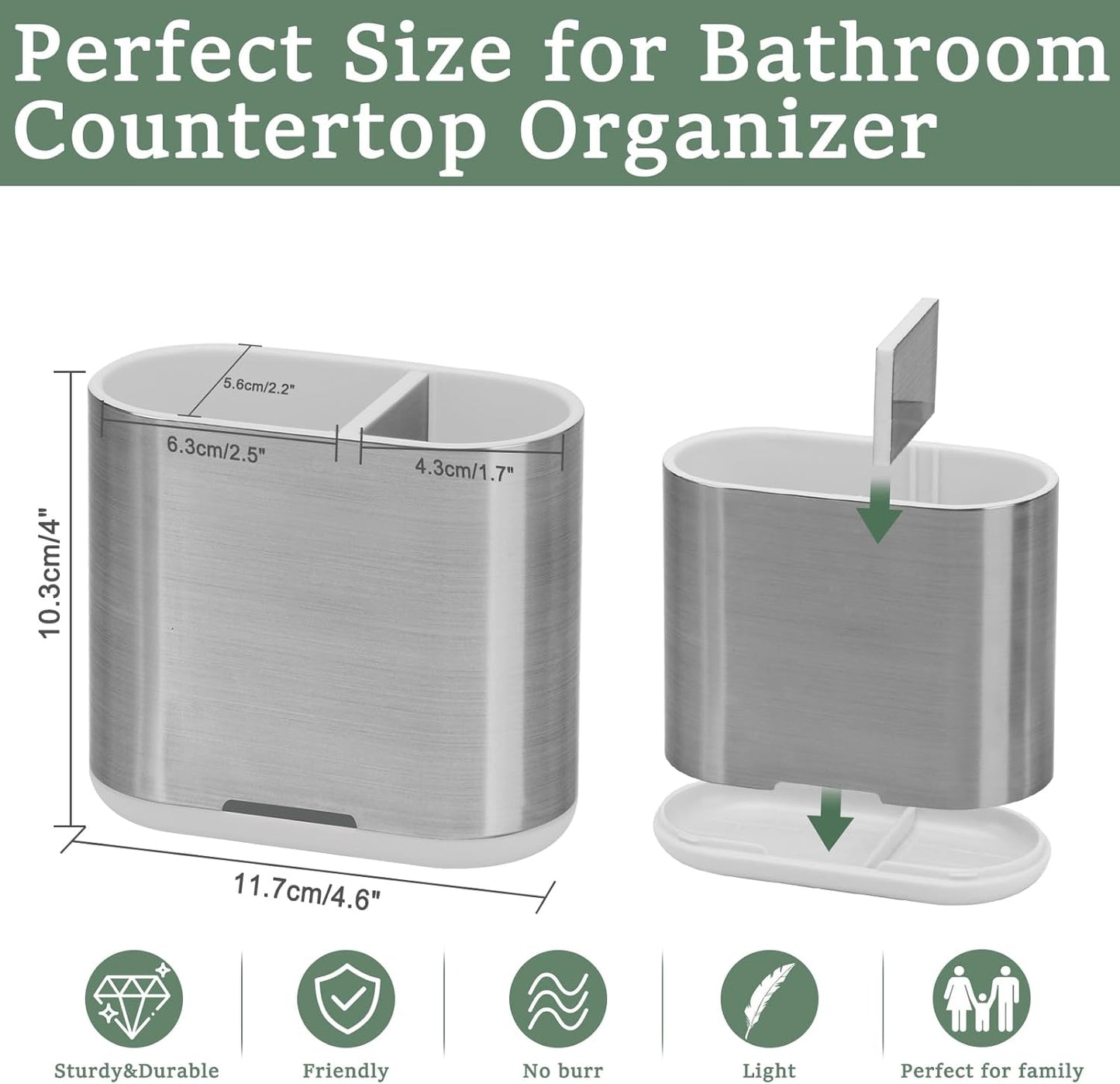 Toothbrush and Toothpaste Holder with Divider for Bathroom Countertop Organizer, 2 Slots Electric Toothbrush Holders Storage Caddy Drainage for Family, Kids (Brushed Silver)-BrightBean Baby