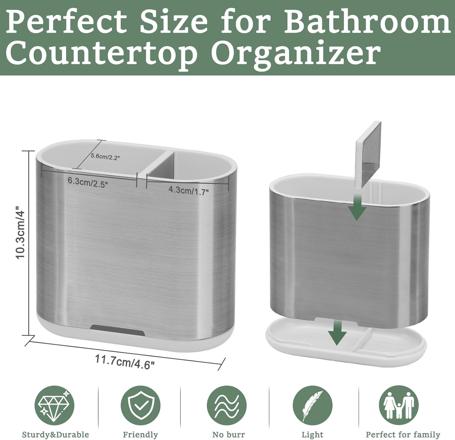 Toothbrush and Toothpaste Holder with Divider for Bathroom Countertop Organizer, 2 Slots Electric Toothbrush Holders Storage Caddy Drainage for Family, Kids (Brushed Silver)-BrightBean Baby