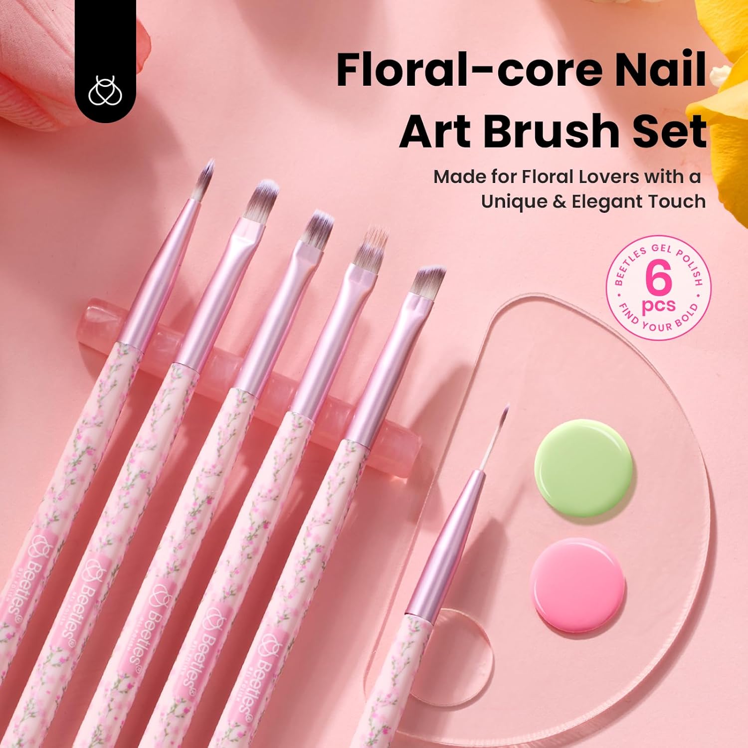 Beetles Gel Polish Nail Art Brushes Set - 6 Pcs Fingernail Art Design Pen, Floral Pattern Handle, Gradient Bristles Nail Brush Set DIY with Palette Dotting Manicure Tool Kit-BrightBean Baby