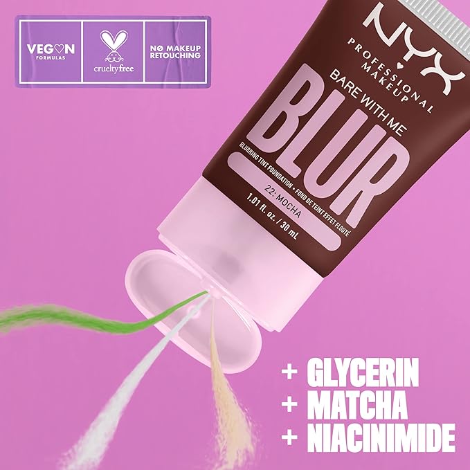 NYX PROFESSIONAL MAKEUP Bare With Me Blur Skin Tint Foundation Make Up with Matcha, Glycerin & Niacinamide - Mocha-BrightBean Baby