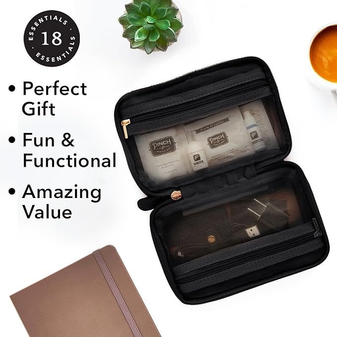 Pinch Provisions Work from Anywhere Kit, Includes 18 Essentials to Help You Stay on Task, Must-Have Essentials, Compact Multi-Functional Vegan Leather Pouch, Black-BrightBean Baby