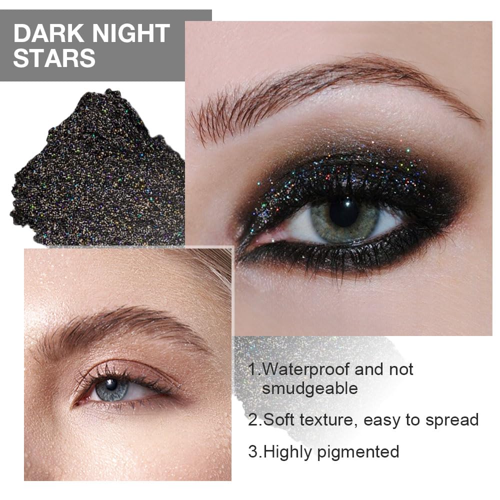 Black Glitter Eyeshadow Palette Makeup for Women, Glitter Shimmer Metallic Holographic Iridescent Single Monochrome Eyeshadow Halloween Birthday Party Wear Makeup, Sombras Crema Para Ojos-BrightBean Baby