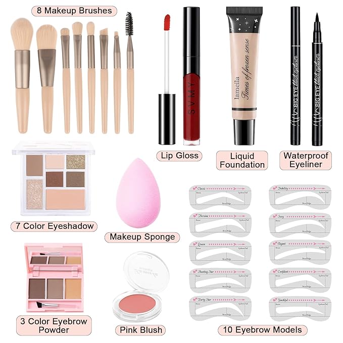 Makeup Kit for Teens Girls, Makeup Present Set for Women, Makeup Full Kit for Beginners, Mini Makeup Bundle Include 7 Nude colors Matte & Shimmer Pigmented Eyeshadow Palette, Eyebrow Powder-BrightBean Baby