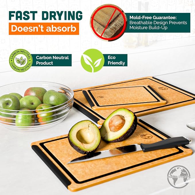 Earth’s Dreams Wood Cutting Board Set 3-Piece: Small, Large & Extra Large - Charcuterie Board, Non-Plastic, Non-Toxic, Heavy-Duty, Dishwasher Safe (Tan/Black)
