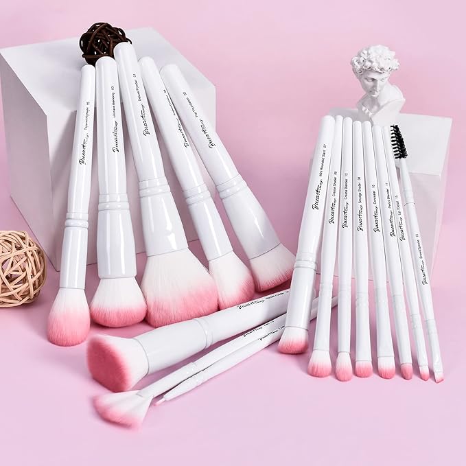 Bueart Design 16Pcs ULTRA SOFT labeled Makeup Brushes set with brush Holder face brush for Foundation Powder Blending Blush wooden Handle(16Pcs White+Pink Holder)-BrightBean Baby