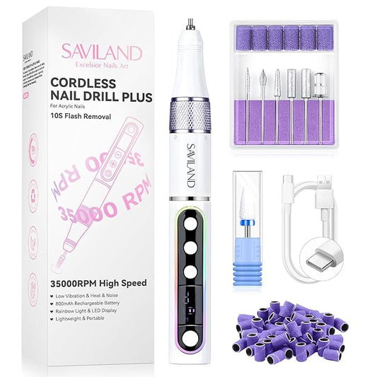 SAVILAND Advanced Cordless Electric Nail Drill: 10S Fast Removal 35000 RPM High Speed Nail File Kit for Acrylic Nail Tool Professional Rainbow Light LED Display Pro Manicure Kit Salon Travel Nail Tech-BrightBean Baby
