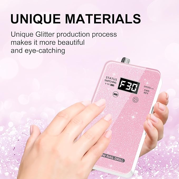 Professional Electric Nail Drill File:COSYGLOW Glitter Portable Cordless E-File Nail Drill Kit with 11 Drill Bits,30000 RPM Rechargeable Nail Drills Machine for Acrylic Nails Gel Polishing (Pink)-BrightBean Baby