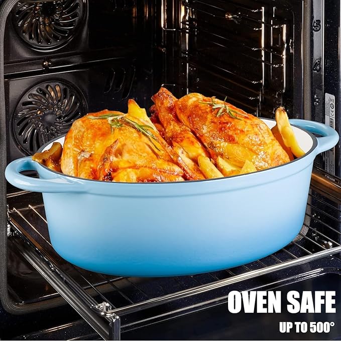 Enameled Cast Iron Oval Dutch Oven, 7 qt Oval Dutch Oven Pot with Lid and Dual Handles for Braising, for Braising, Broiling, Bread Baking, Frying, Light Blue