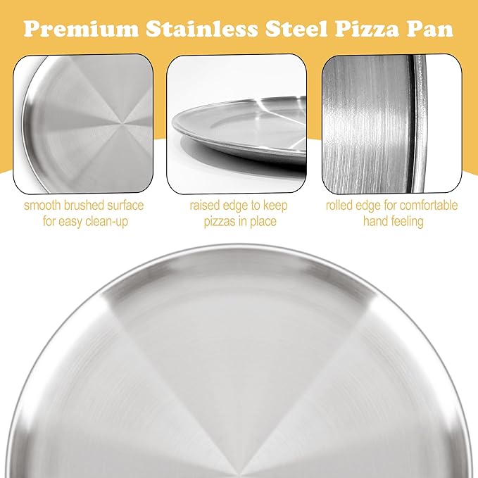 12 Inch Pizza Pan Set of 3 for Oven, Non-Stick Stainless Steel Pizza Steel, Sturdy Non-Toxic Round Pizza Pans Tray for Cookie Pizza Pie Cake, Dishwasher Safe & Easy Clean