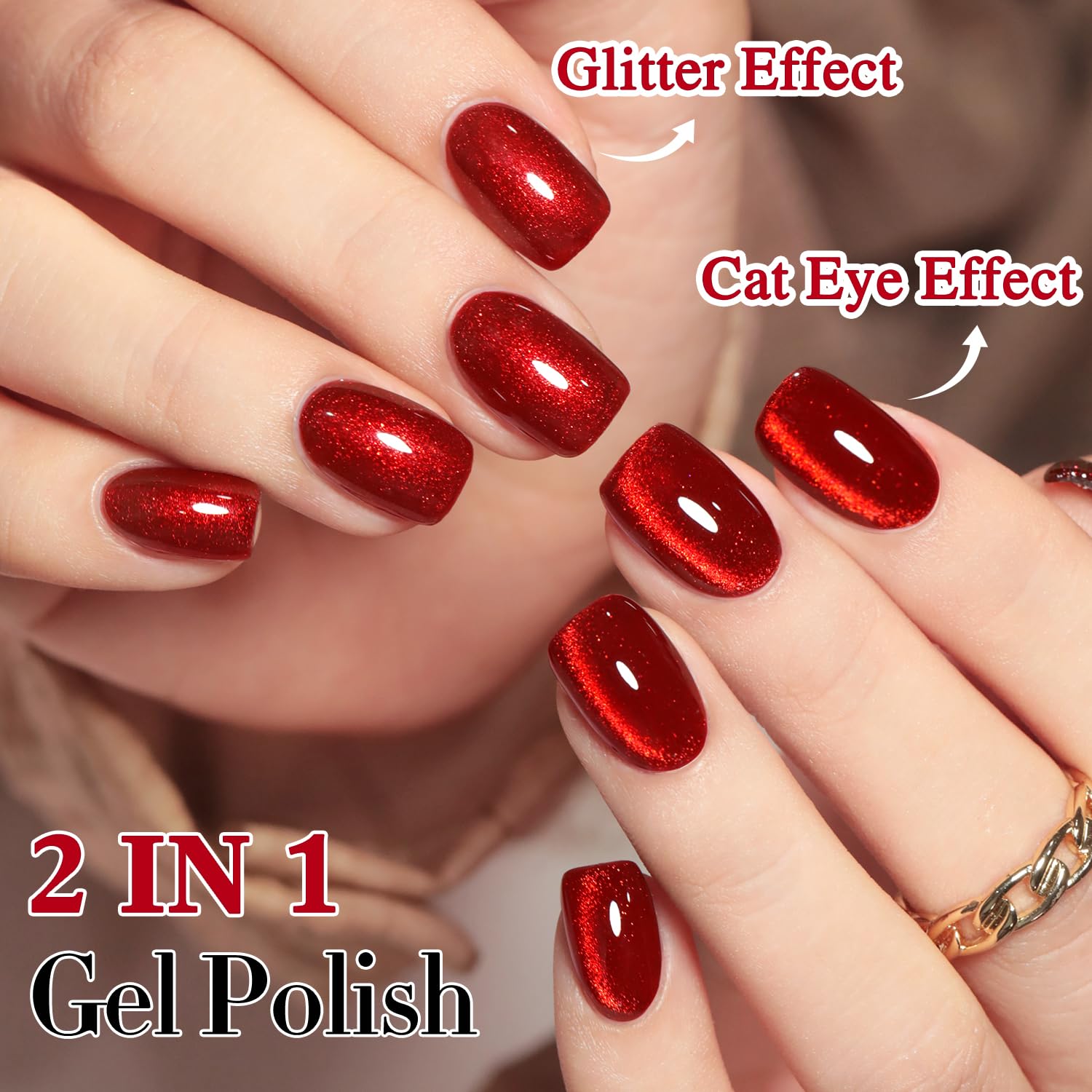 Double Rhythm 15ML Ice Glass Cat Eye Gel Polish with Magnet Holographic Glitter Shimmer Translucent Sheer Color Salon Soak Off Magnetic Nail at Home (Red Glitter-MC1108)-BrightBean Baby