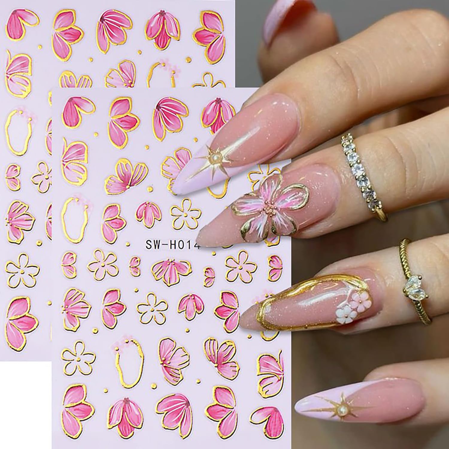 6 Sheets Flower Nail Art Stickers 3D Self-Adhesive Hot Stamping Blossom Nails Sticker Spring Nail Art Decals Holographic Floral Nails Decal Decoration for Women Flowers Manicure DIY Nail Supplies-BrightBean Baby