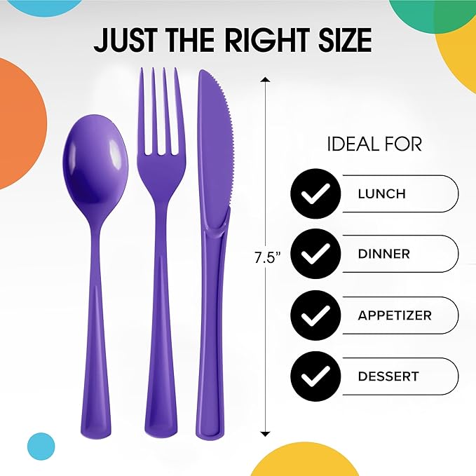 Party Solids Purple Plastic Silverware Heavy Duty 150 Pieces Purple Plastic Cutlery Sets, Utensil Sets, 50 Of Each Forks, Knives & Spoons Disposable Cutlery Set, Flatware Set For Party Supplies