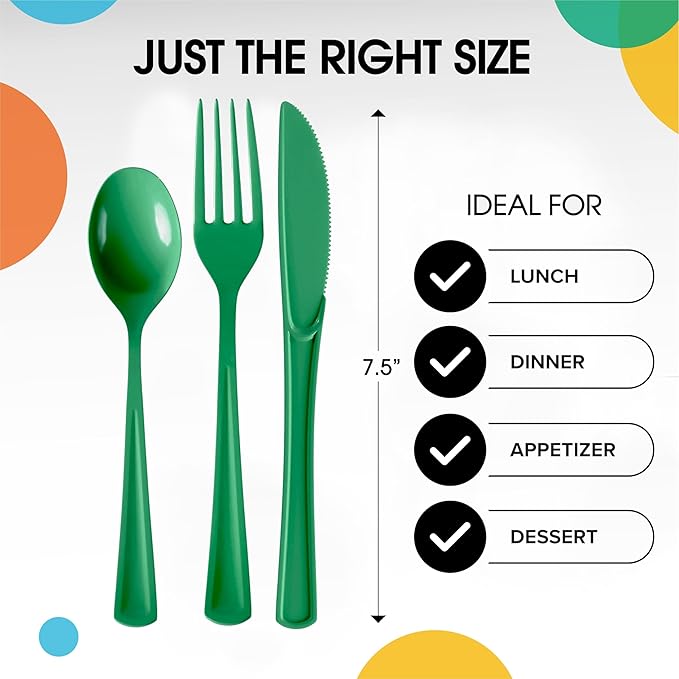 Party Solids Emerald Green Plastic Silverware Heavy Duty 300 Pcs Green Plastic Cutlery Sets, Utensil Sets, 100 Of Each Forks, Knives & Spoons Disposable Cutlery Set, Flatware Set For Party Supplies