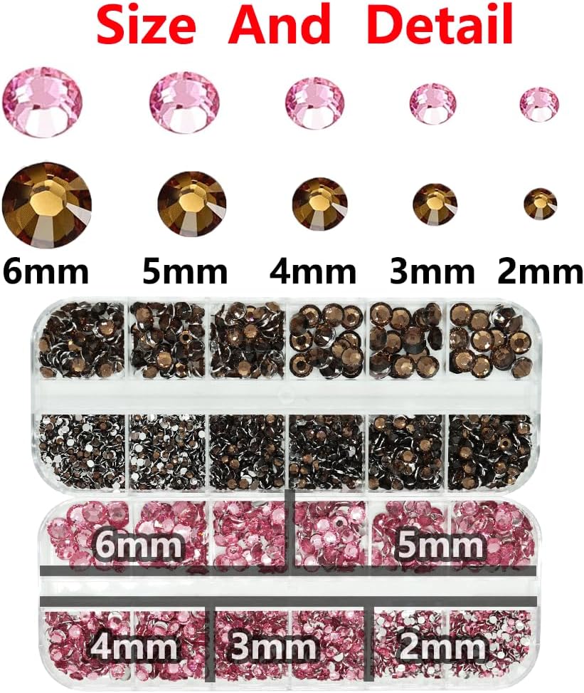 Brown And Pink Rhinestones with Glue(S8-S30) for Bedazzling,2mm-6mm Non-Hotfix Flatback Nail Gems Beads with B7000, Resin Nail GemsStones Diamond Kit for Bedazzle Crafting, Nails DIY Art Decoration-BrightBean Baby