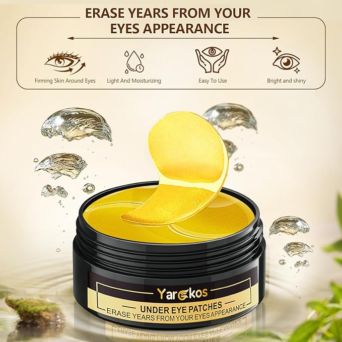 60 Pcs 24K Gold Under Eye Patches with 5 Pieces Travel 24K Golden Eye Mask, 30 Pairs Women Undereye Mask for Dark Circles Puffy Eyes Treatment, Men Gel Pads Hydrating for Puffiness Wrinkle-BrightBean Baby