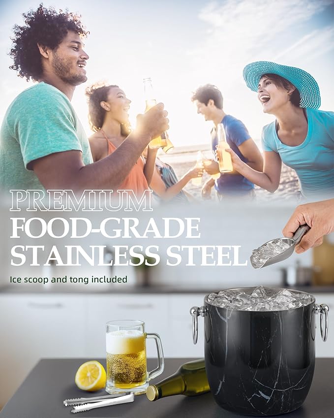 3 Liters Ice Bucket, Double Wall Stainless Steel, Insulated Ice Bucket, Including Strainer & Ice Cover Ice Tongs, Scoope,Black Marble