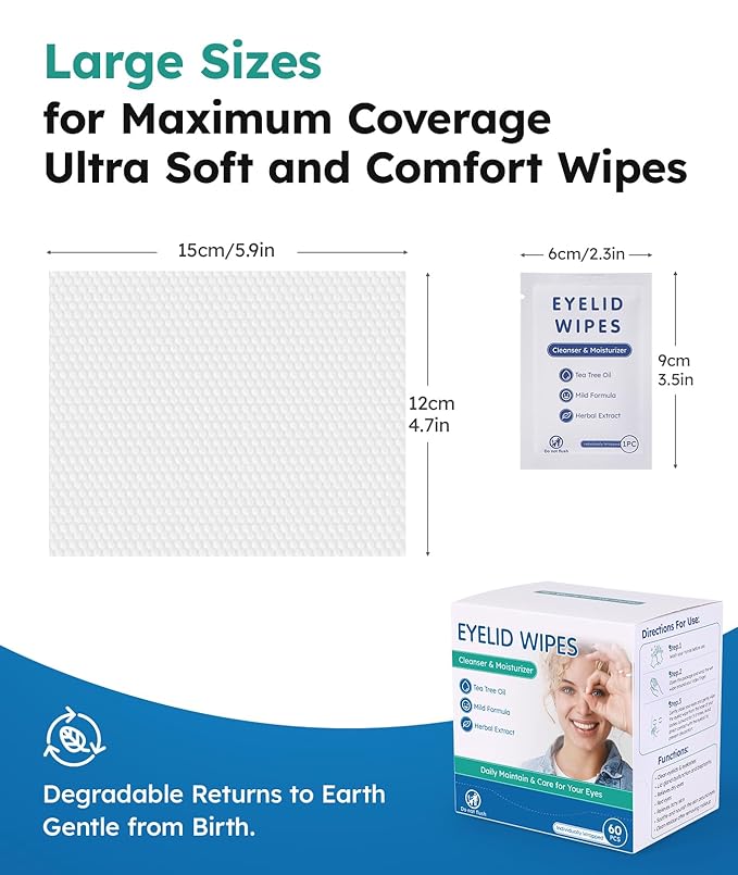 60-Count Eyelid Cleansing Wipes for Dry Eye & Blepharitis, tea tree oil Pre-Moistened Hypoallergenic EyeWipes for Sensitive Itchy Eyes, Individually Wrapped Eyelid Wipes Travel Essentials-BrightBean Baby