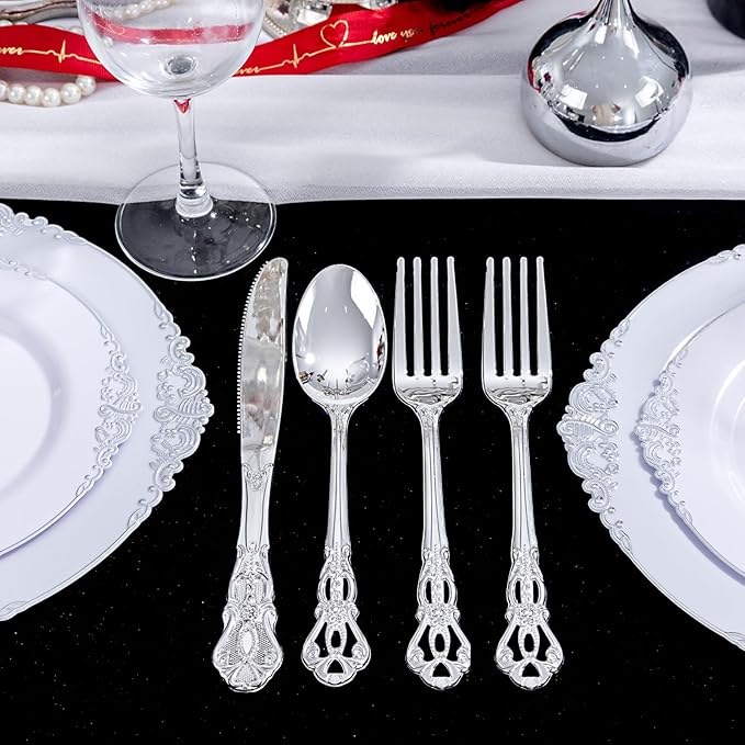 200PCS Silver Plastic Cutlery - Vintage Silver Disposable Silverware - Heavyweight Plastic Utensils with 100 Forks, 50 Knives, 50 Spoons For Catering, Parties, Dinners and Weddings
