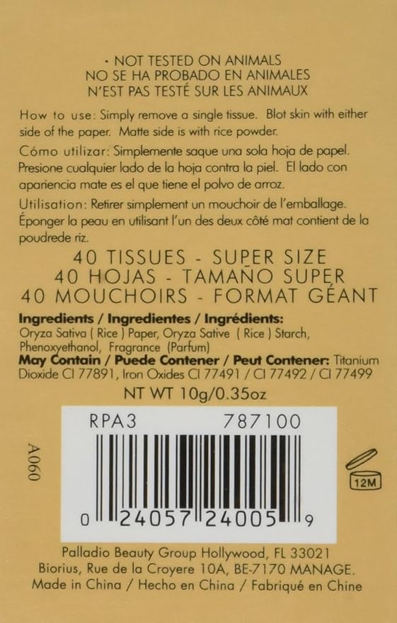 Palladio Rice Paper Facial Tissues for Oily Skin, Face Blotting Sheets Made from Natural Rice, Oil Absorbing Paper with Rice Powder, 2 Sided, Instant Results, Natural, 40 Count, Pack of 1-BrightBean Baby