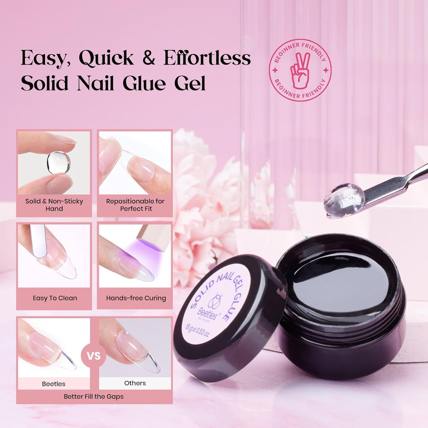 Beetles Gel Nail Kit, 300Pcs Almond Medium Nail Tips with Solid Nail Gel Glue,15 Sizes Soft Clear Nail Tips with Base Coat, Handheld Nail Lamp, Easy Nail Extension Set DIY Manicure Art Gift for Girls-BrightBean Baby