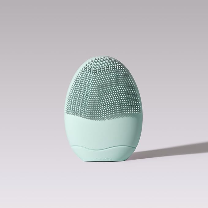 LOLLIPOP Dual-Sided Facial Cleansing Brush | Palm Size Silicone Face Exfoliator and Soft Fiber Cleanser | Manual Face Scrubber for Pores, Makeup Removal, Blackhead and Skincare Routine, Minty-BrightBean Baby