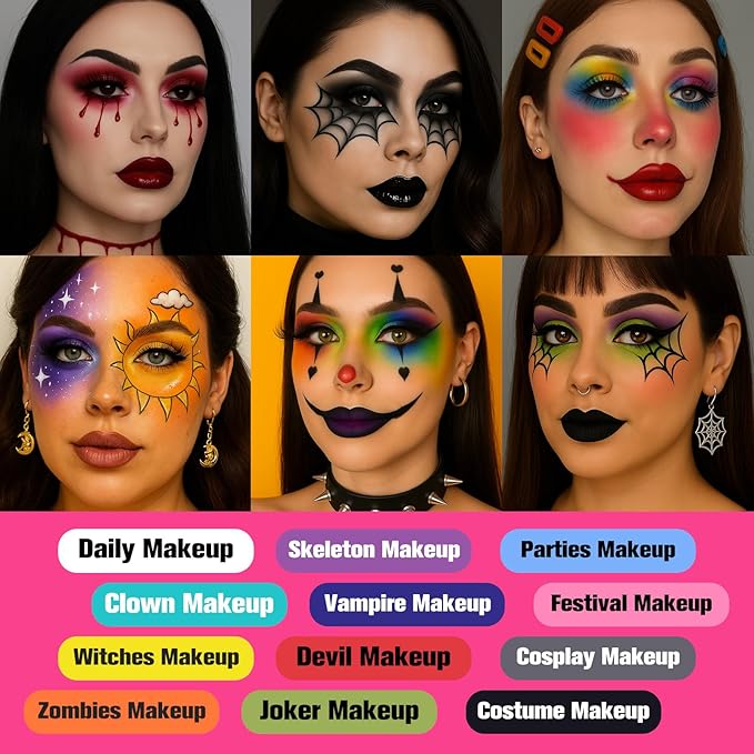 UCANBE Halloween Makeup Palette, 15 Colors Matte Black White Red Blue Green Purple Pink Eye Shadow, High Pigmented Blendable Bright & Dark Shade Pallet for Cosplay SFX Costume Stage Parties-BrightBean Baby