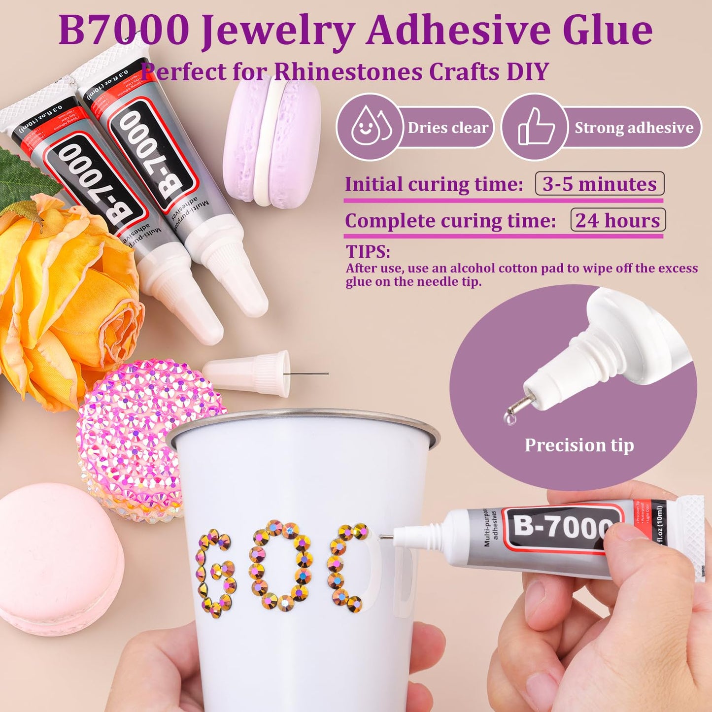 Resin Jelly Rhinestones for Crafting with B7000 Jewelry Glue, 2 Boxes Gold Rose AB Flatback Crystals with 3Pcs 10ml Glue, Bedazzling Non Hotfix Gems for DIY Tumblers Clothing Shoes Manicure-BrightBean Baby