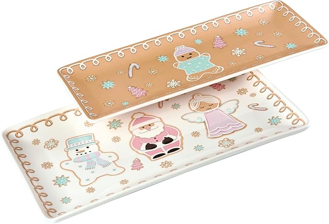 Bico Pastel Gingerbread Man Ceramic 14 inch Rectangular Serving Platter, Set of 2, for Serving Salad, Pasta, Cheese, Ham, Appetizer, Microwave & Dishwasher Safe