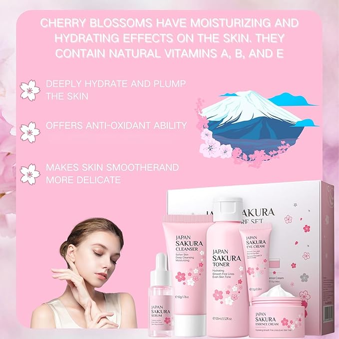 Sakura Skin Care Set, Women Gift Sets, Skin Care Kit with Cleanser, Toner, Serum, Eye Cream, Face Cream, Skin Care Routine Kit for Women, Even Skin Tone, Tighten & Firm Skin-BrightBean Baby