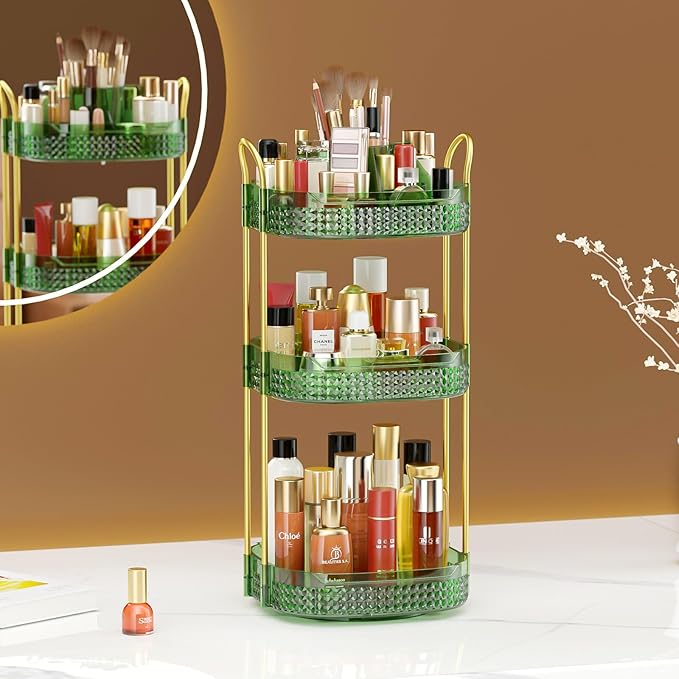 Awenia Rotating Makeup Organizer 360, Stackable Adjustable Large Capacity Cosmetic Storage Unit,Dresser Bathroom Kitchen Countertop Organizer with Metal Handle, Plus Size (Gem Green, 3 Tier)-BrightBean Baby