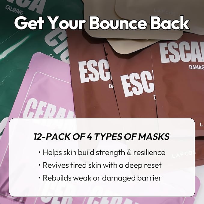 LAPCOS Skin Barrier Repair Sheet Mask Variety Pack – Escargot, Cica, Ceramide, Honey 4 Types of Face Mask Set – Daily Korean Skin Care w/Snail Mucin, Centella Asiatica & Niacinamide (12 ea)-BrightBean Baby