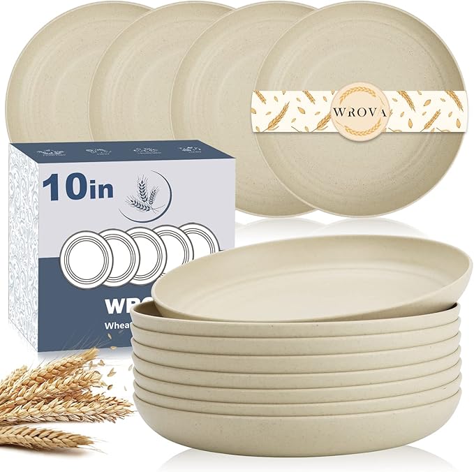 Wrova Wheat Straw Dinner Plates Set of 8 - 10 Inch Unbreakable, Dishwasher & Microwave Safe, Lightweight for Kitchen, R.V. (Beige)