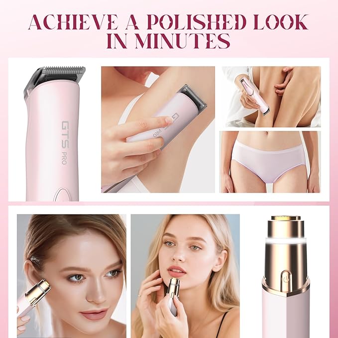 Bikini Trimmer for Women Electric Razor 2 Pack Dual Head Body & Facial Hair Remover -Waterproof USB Rechargeable with Replacement Ceramic Blades, Travel Pouch & Packaging Box(Pink)-BrightBean Baby