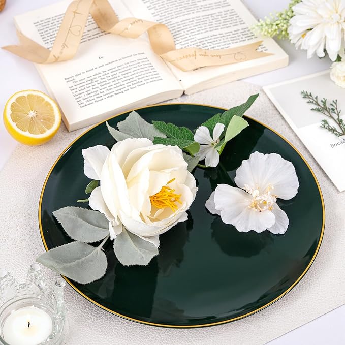 bUCLA 100PCS Green Plastic Plates - Heavy Duty Green Disposable with Gold Rim Include 50 Dinner 10 inch & 50 Dessert 7 inch Plates, Ideal for Party & Christmas