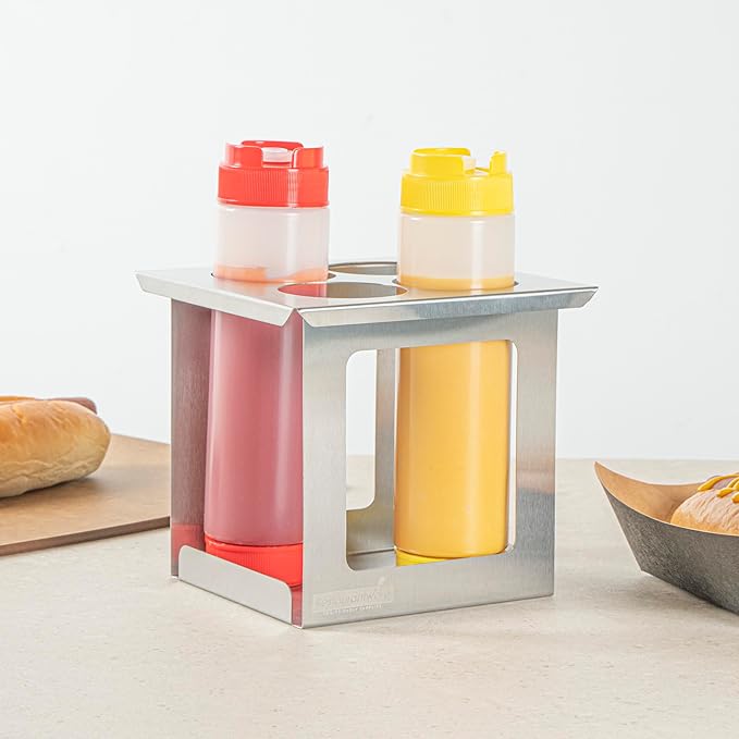 Restaurantware Squeeze Bottle Holder Pack of 1 Stainless Steel 4 Hole Bottle Holder, 2.5" Diameter Fits 1/6 Size Opening, Dishwasher Friendly Integrated Lip Design Holder for Condiment Bottles