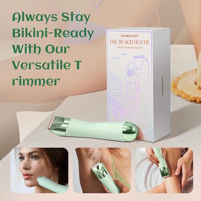 SUPRENT Bikini Trimmer Women - Painless Ladies Hair Removal - Waterproof Wet & Dry - 2 in 1 Lady Shaver for Pubic & Facial Hair - Cordless Electric Razor with USB-C Rechargeable - Green-BrightBean Baby