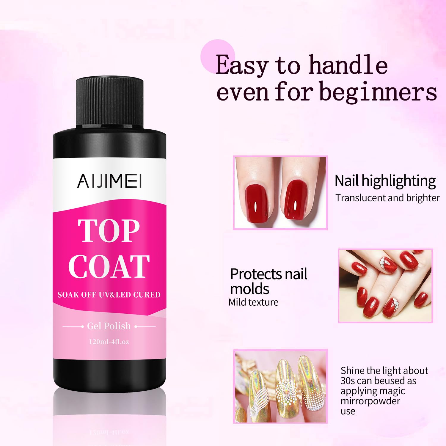AIJIMEI 120ml Top Coat Nail Polish Premium Gel Top Coat 4 Fl Oz Long Lasting,Top Coat for Gel Nail Polish – Nail Art Topcoat for Salon-Grade Nails at Home-BrightBean Baby