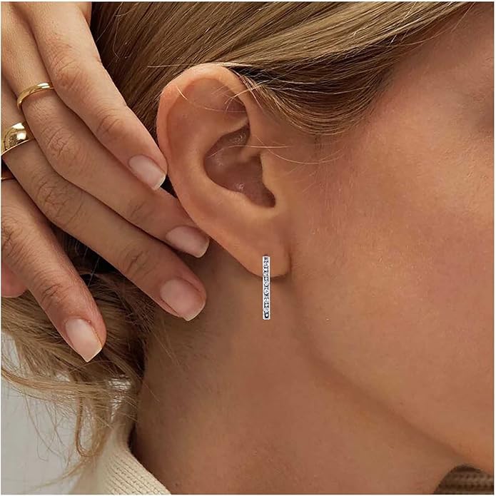 Geometric Crystal Bar Earrings Silver Cz Bar Stick Earrings Cz Rhinestone Bar Stud Earrings Silver Minimalist Earrings Jewelry for Women and Girls-BrightBean Baby