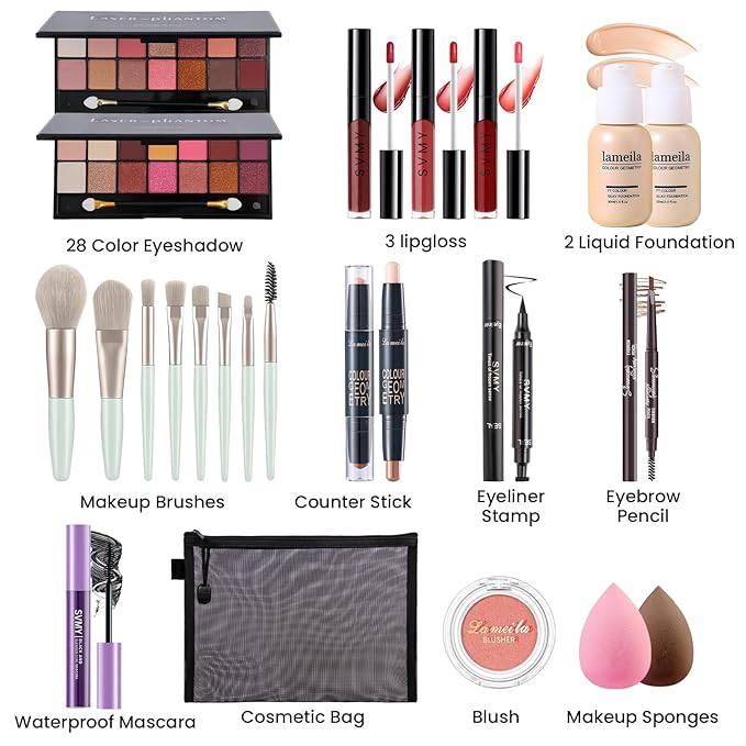 Makeup Present Set for Teen Girl Women, Travel Makeup Kit, Makeup Full Kit for Beginner, Makeup Bundle Include 2 Matte & Shimmer Eyeshadow Palettes, Liquid Glitter Eyeshadow & Eyeliner-BrightBean Baby