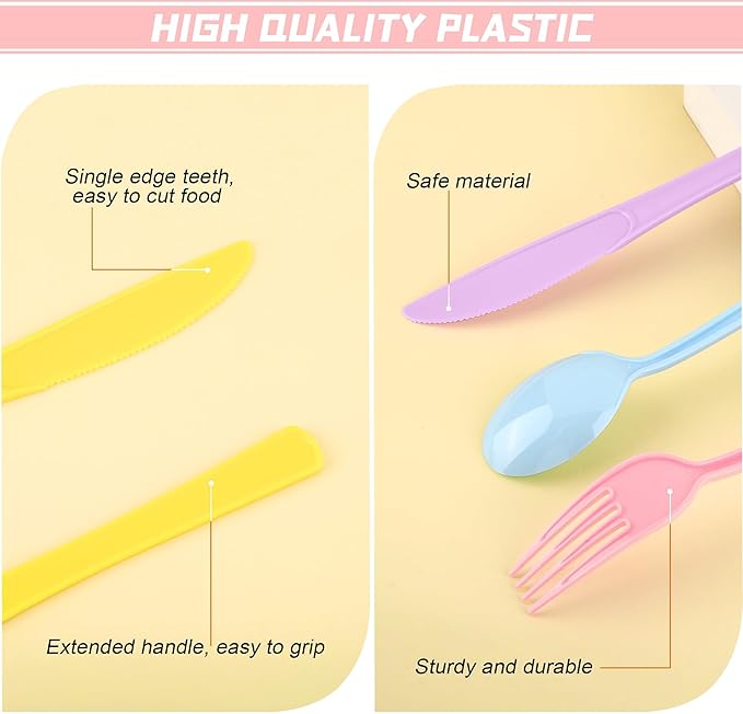 300 Pieces Pastel Plastic Silverware Heavy Duty Plastic Cutlery Set Heavyweight Disposable Utensils Includes Spoons Forks Knives for Birthday Wedding Dinner, Macaron Colors