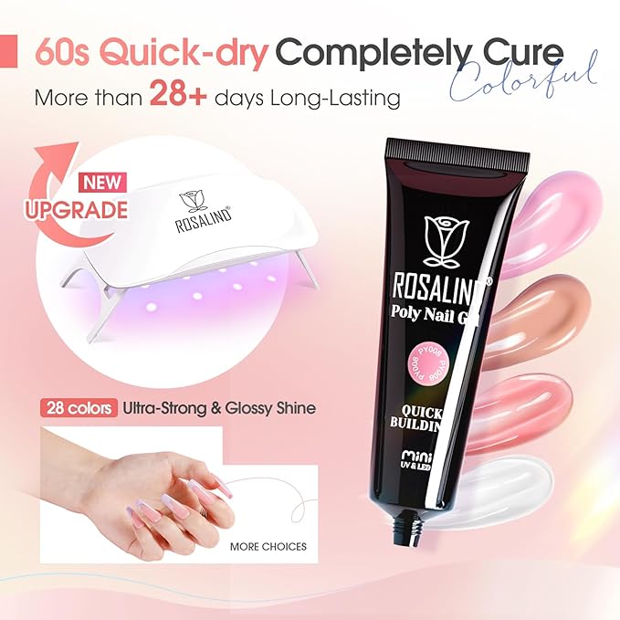 ROSALIND 28 Colors Poly Nail Gel Kit with Mini U V/LED Lamp White Nude Poly Nails Gel Kit Starter Kits With Slip Solution Pink Extensions Set for Nail Manicure Beginner-BrightBean Baby