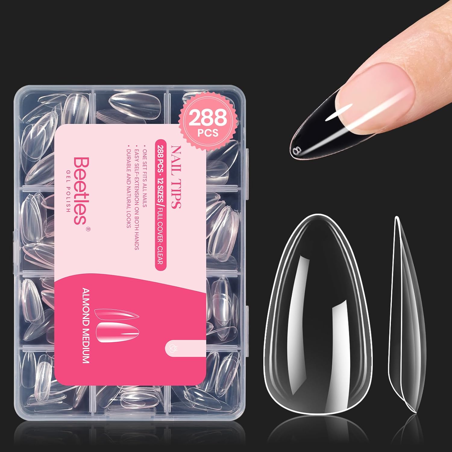 Beetles Gel Nail Tips Clear, Almond Medium, 288Pcs 10 Sizes, Pre-shaped Full Cover Soft Acrylic False Press On Nail Tips Almond Shape Easy Home DIY Fall Fake Nail Extension Art Salon Gift for Women-BrightBean Baby