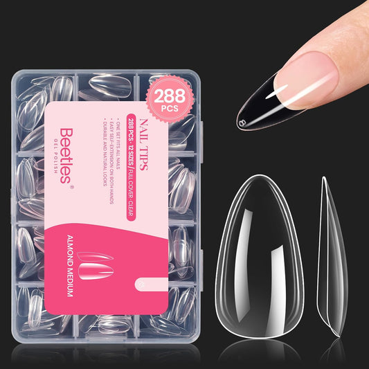 Beetles Gel Nail Tips Clear, Almond Medium, 288Pcs 10 Sizes, Pre-shaped Full Cover Soft Acrylic False Press On Nail Tips Almond Shape Easy Home DIY Fall Fake Nail Extension Art Salon Gift for Women-BrightBean Baby