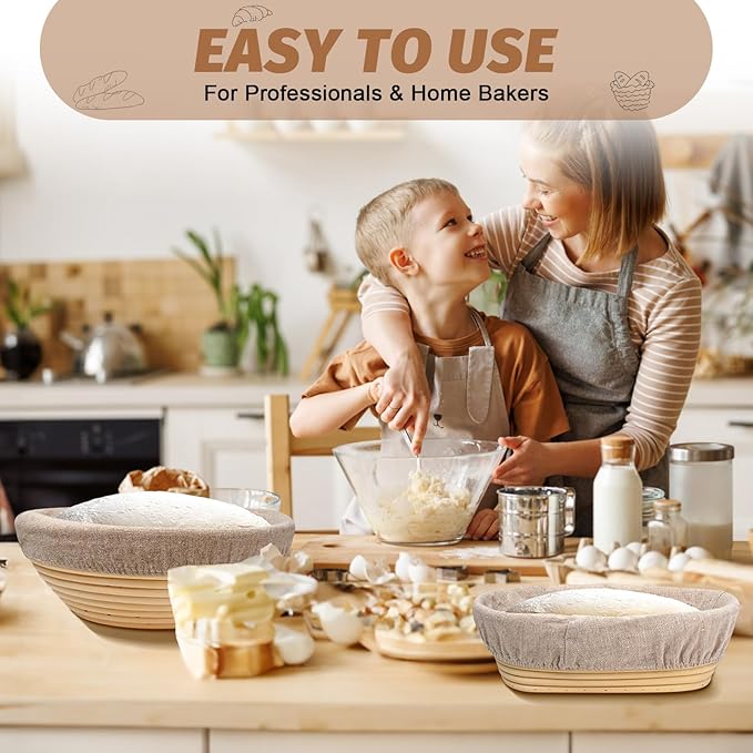 Sourdough Proofing Basket Gift Set, 9" Round and 10" Oval Banneton Bread Baking Supplies, Sourdough Baskets with Bread Lame, Danish Whish, Bowl Scraper, Sourdough Scraper, and Linen Liners