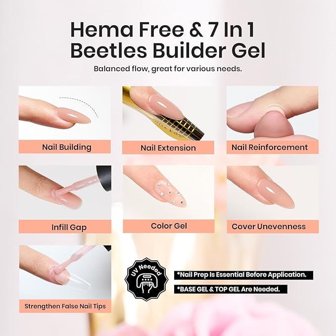 Beetles Builder Gel 7 in 1 Strengthener Gel Nail Polish Nude Color Jelly Beige for Nail Apex and Extension Cover Building Nail Salon DIY Manicure Design-BrightBean Baby